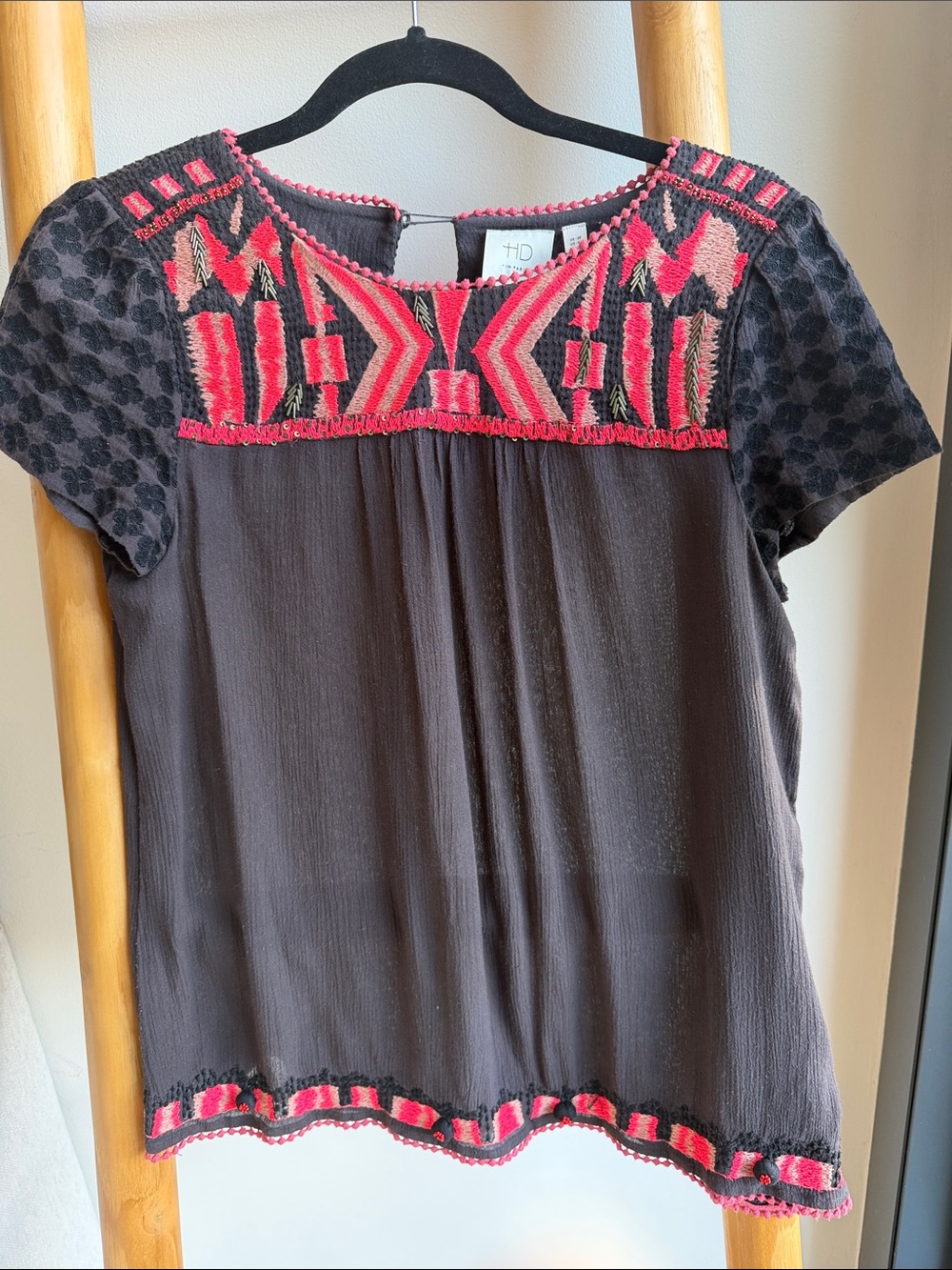 HD in Paris Black Blouse with Pink Embroidered Yoke and Hem